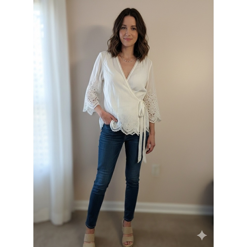 AllSaints Zariah LS Wrap Top‎ Chalk White Eyelet Embroidered Size 6 NEW